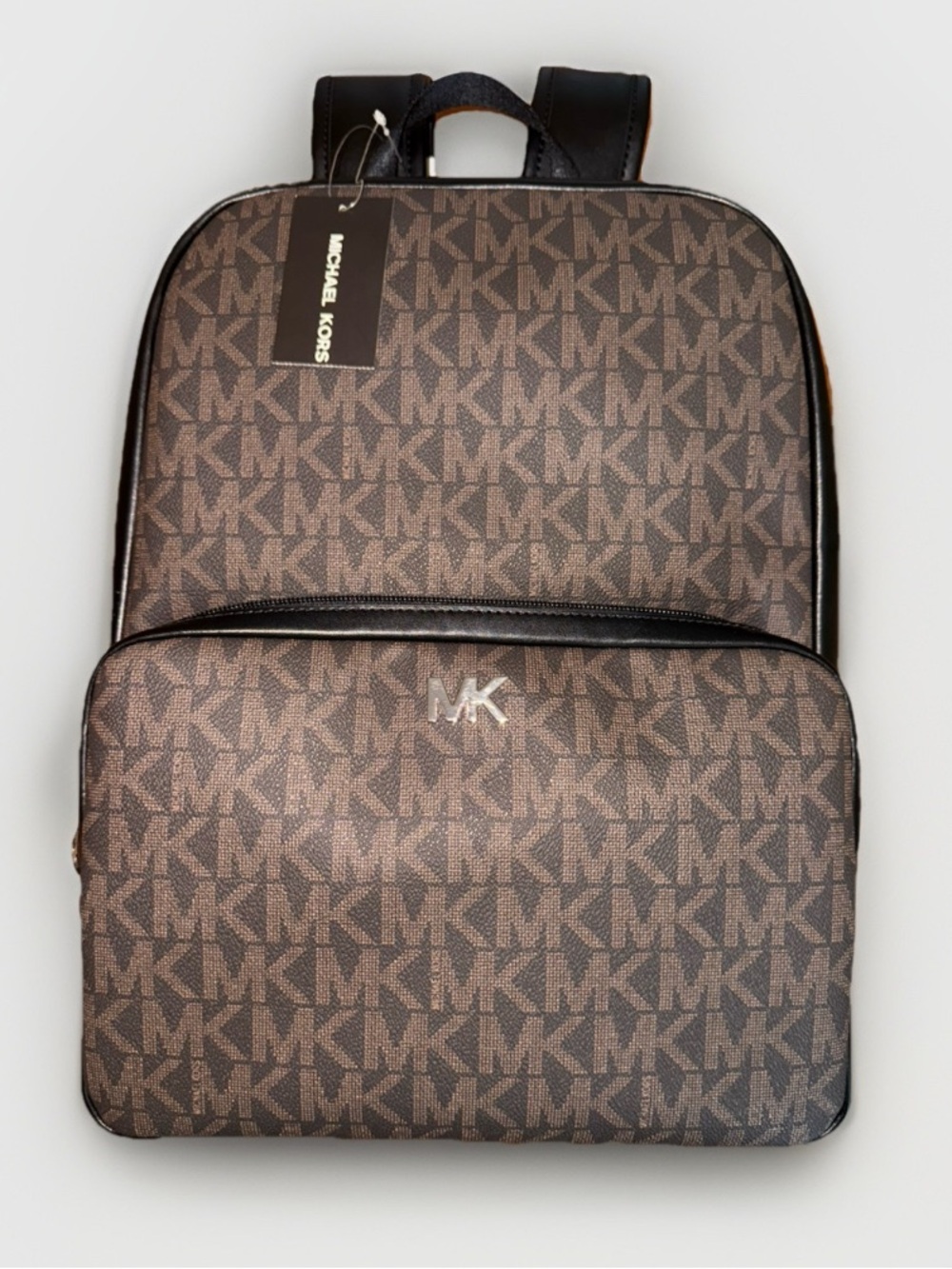 MICHAEL KORS EVERETT Backpack Front Pocket Brown MK Logo Leather Laptop New Trip